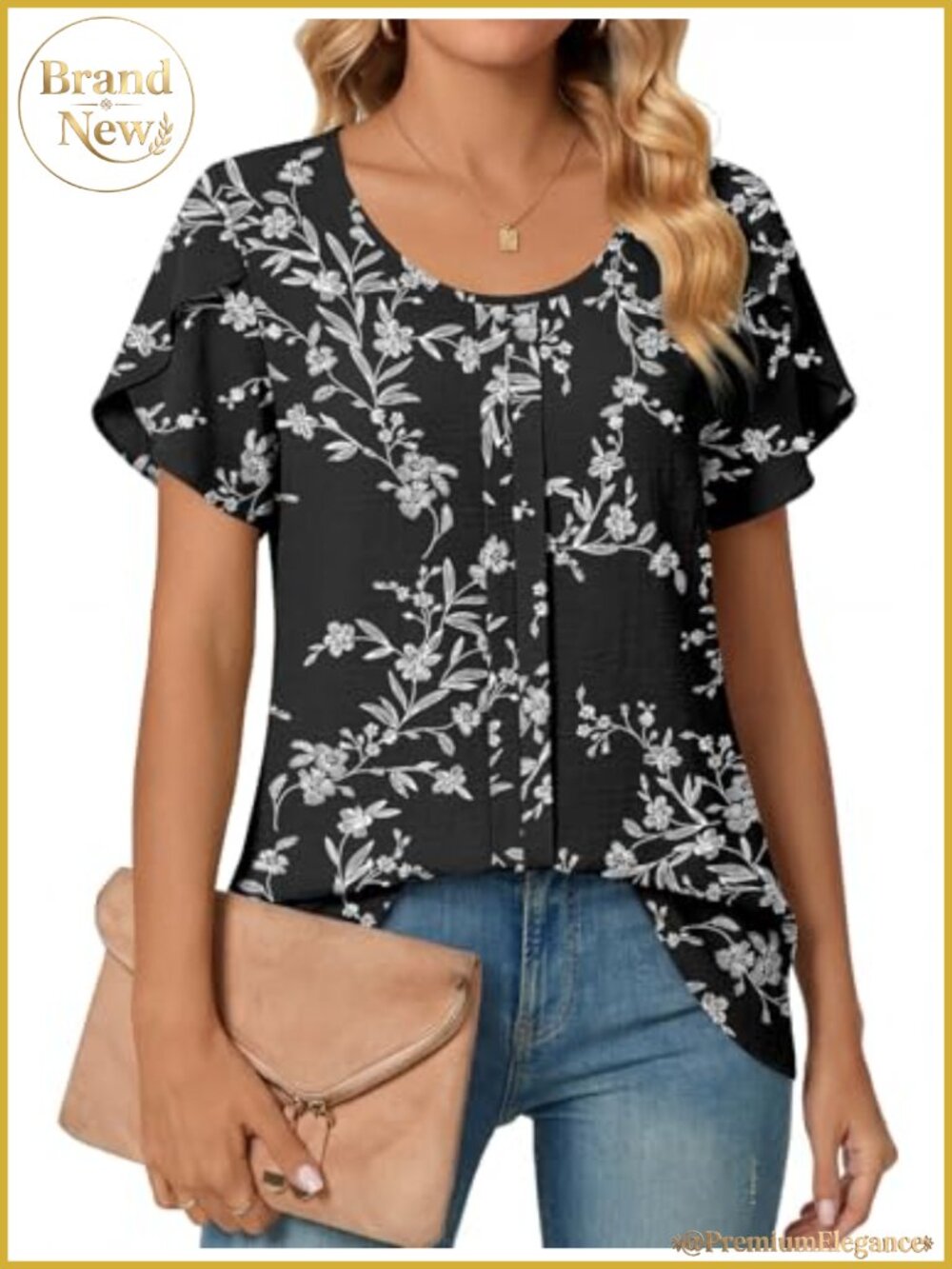 Womens Summer Crewneck Petal Short Sleeve Blouse Dressy Casual Top